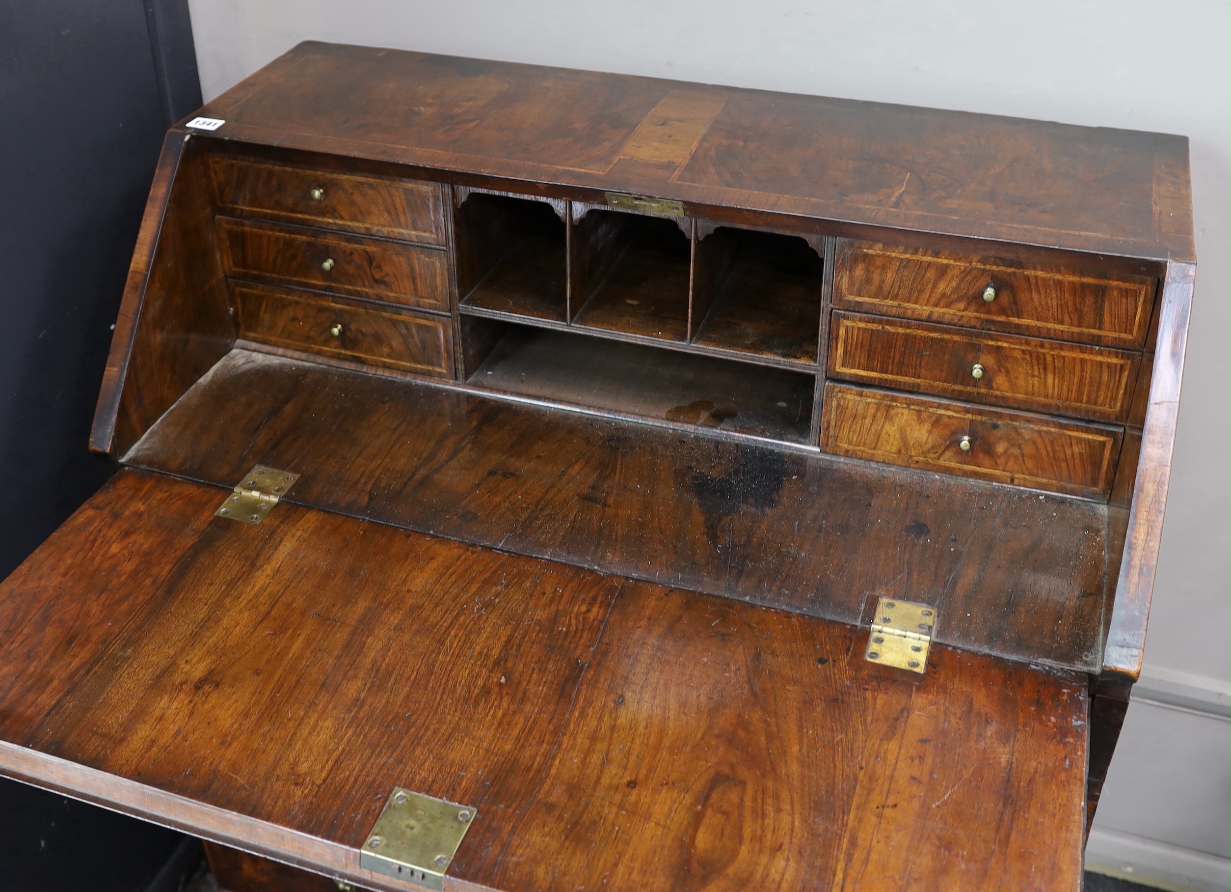 An mid 18th century banded walnut bureau, width 92cm, depth 48cm, height 104cm